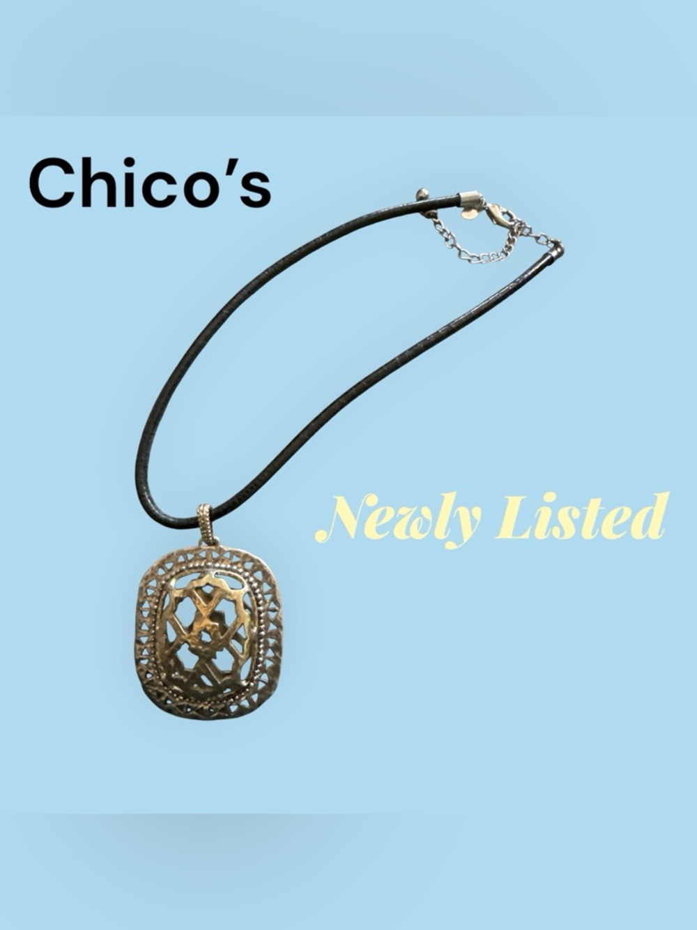 🔥Chico’s Statement Pendant Necklace | Black Leather Cord Silvertone Openwork